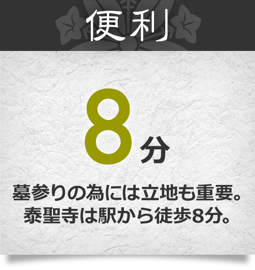 便利8分 墓参りの為には立地も重要。泰聖寺は駅から徒歩8分。